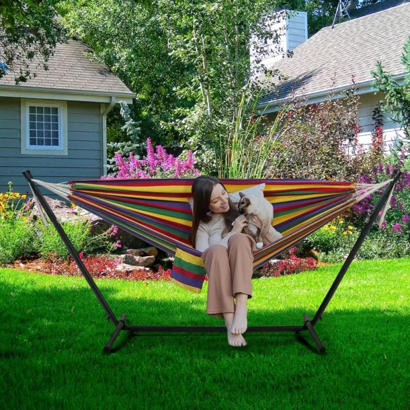 Double Fabric Hammock with Steel Stand - 450 lbs Capacity for Backyard & Patio - Image 2