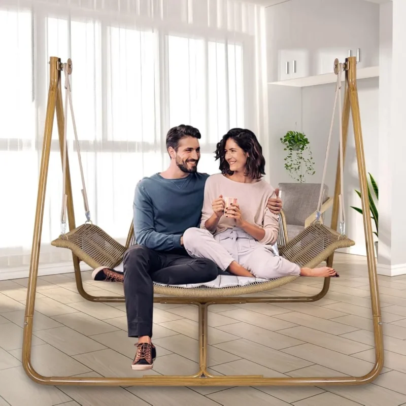 Indoor Outdoor Hammock Swing Chair with Wood-Tone Stand - 570 lbs Capacity for Patio & Living Room - Image 6