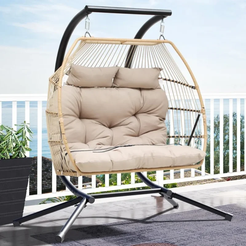 Double Wicker Hanging Egg Chair with Stand - 550 lbs Capacity for Patio & Bedroom - Image 6