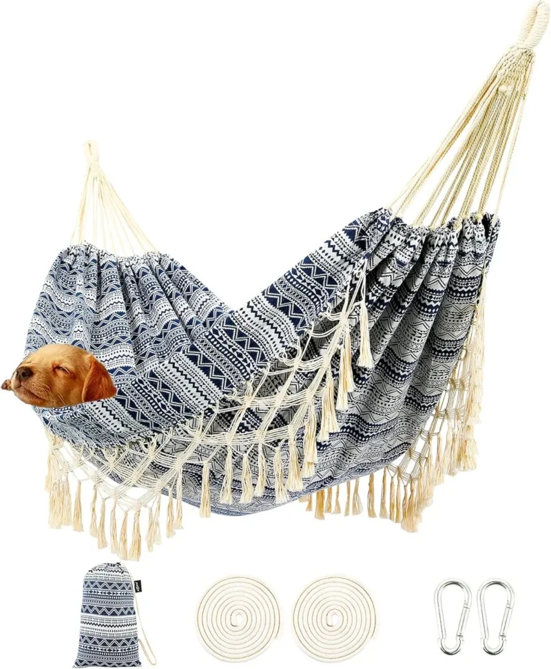 Double Brazilian Fabric Hammock with Tassels - 450 lbs Capacity for Indoor & Outdoor Use - Image 8
