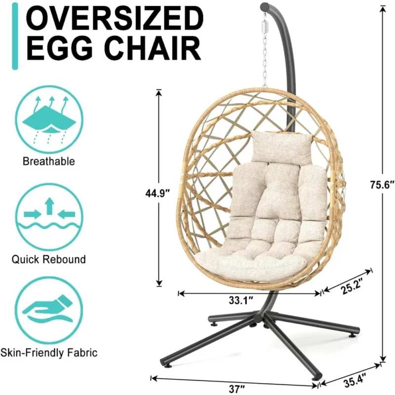 Wicker Egg Chair with Stand and Cushion - 350 lbs Capacity for Indoor & Outdoor Patio - Image 2
