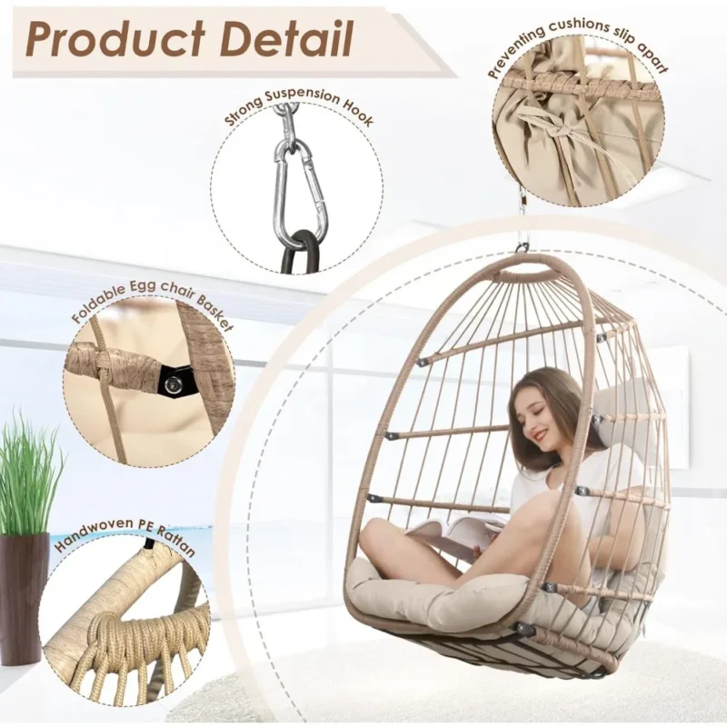 Foldable Rattan Egg Chair with Cushion - 300 lbs Capacity for Indoor & Outdoor - Image 3