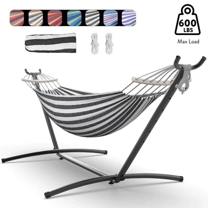 Double Fabric Hammock with Adjustable Stand - 600 lbs Capacity for Indoor & Outdoor Relaxation - Image 11