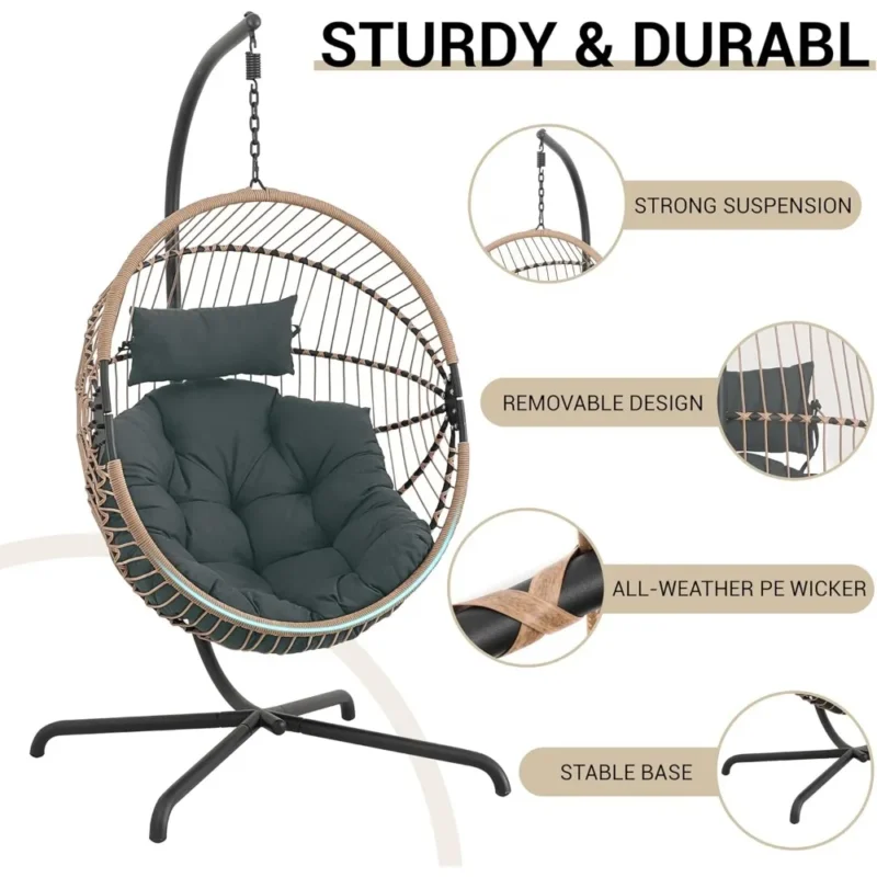 Hanging Egg Chair with Steel Frame Stand - 350 lbs Capacity for Patio & Garden - Image 4