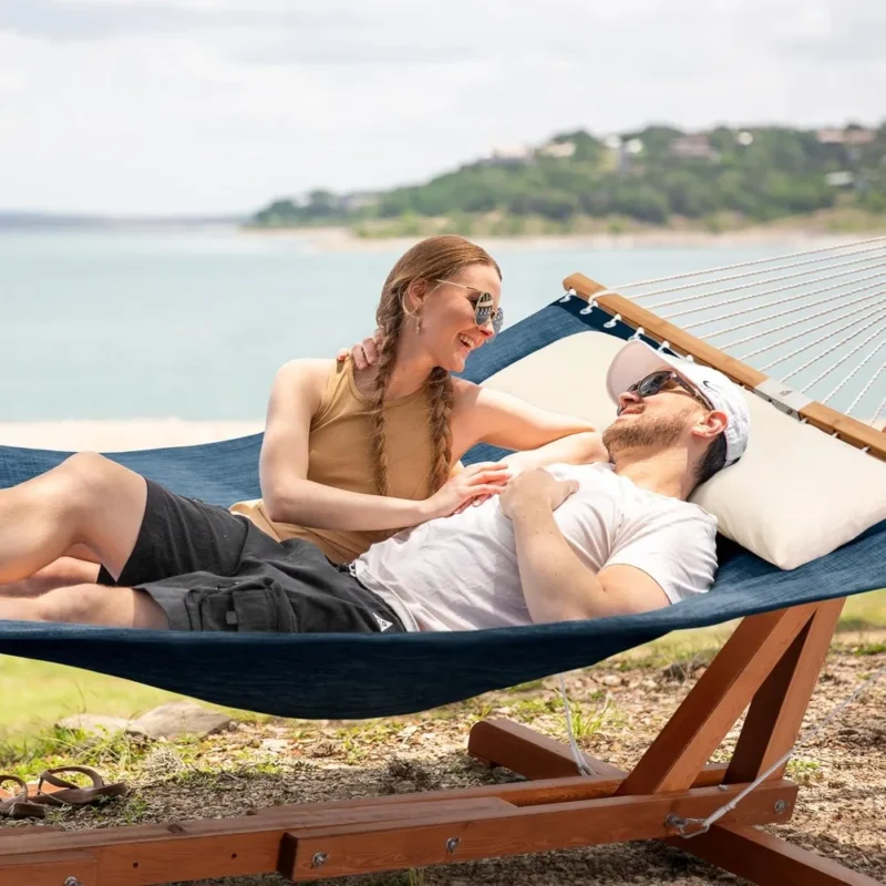 Double Wood & Textilene Hammock with Steel Stand - 475 lbs Capacity for Backyard & Patio - Image 2