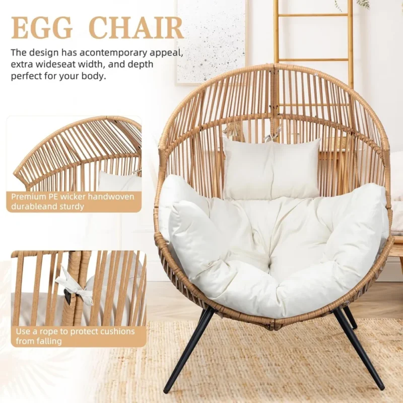 Oversized PE Rattan Egg Chair with Cotton Cushion - 300 lbs Capacity for Indoor & Outdoor - Image 4