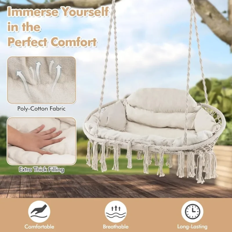 Double Macrame Hammock Swing with Cushions - 440 lbs Capacity for Indoor & Outdoor - Image 3