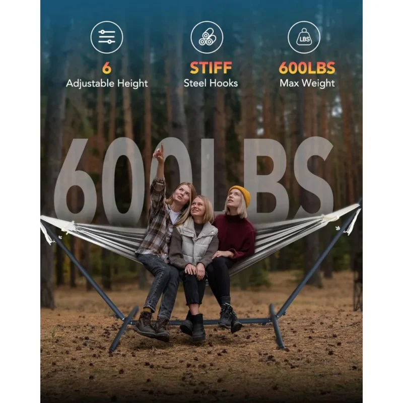 Double Hammock with Steel Stand - 600 lbs Capacity for Indoor & Outdoor Use - Image 2