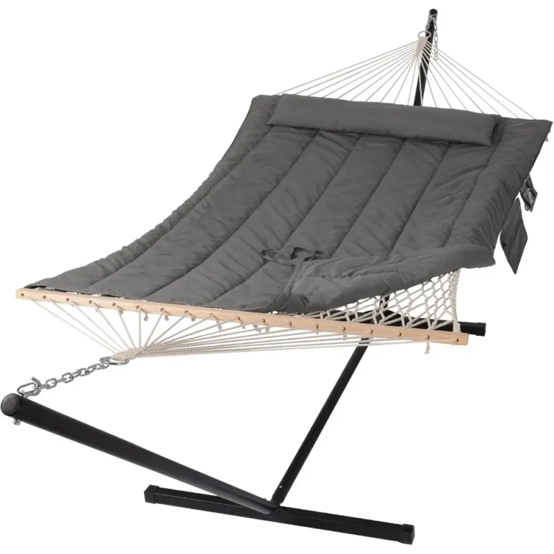 Double Cotton Rope Hammock with Steel Stand - 450 lbs Capacity for Backyard & Patio - Image 2