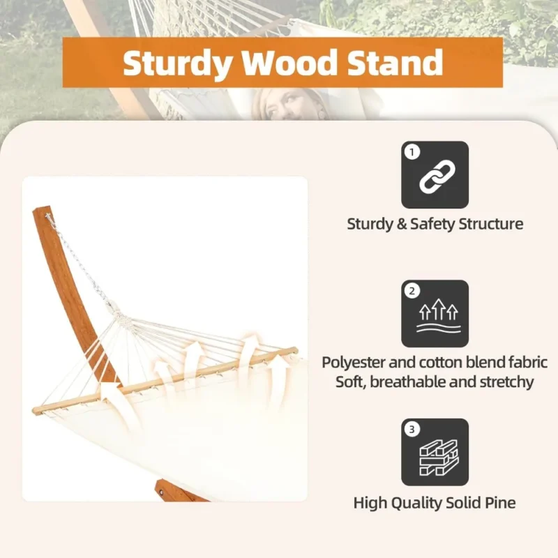 14-Foot Double Wooden Hammock with Stand - 550 lbs Capacity for Backyard Relaxation - Image 2
