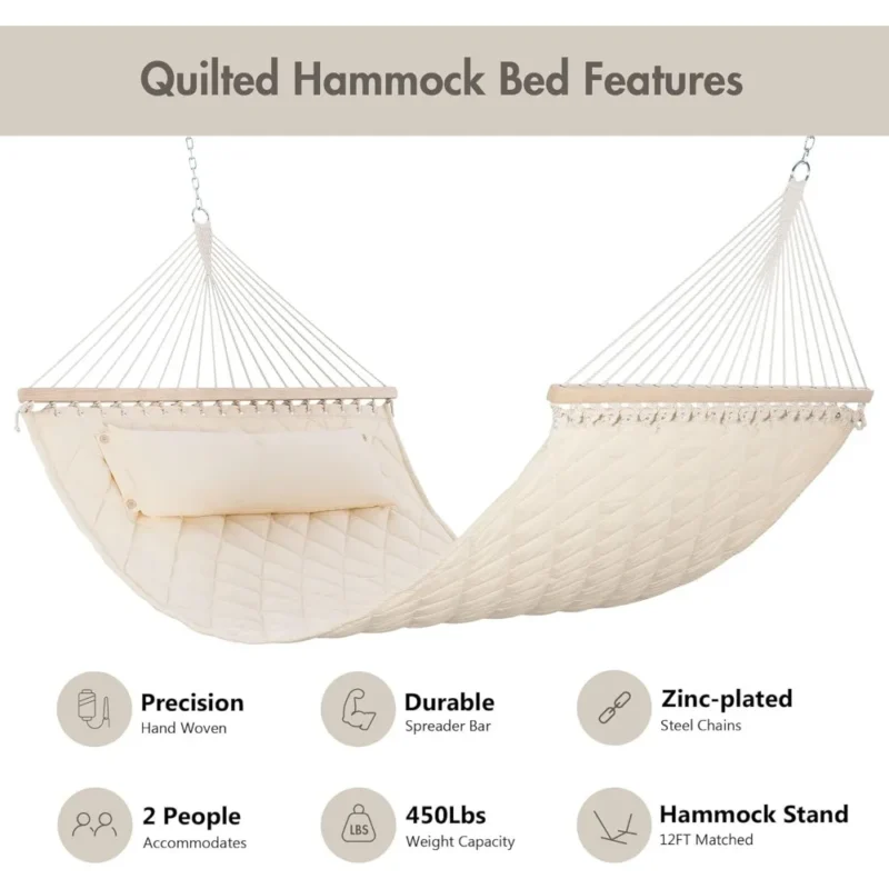 Double Fabric Hammock with Spreader Bars & Detachable Pillow - 450 lbs Capacity for Indoor/Outdoor Use - Image 3