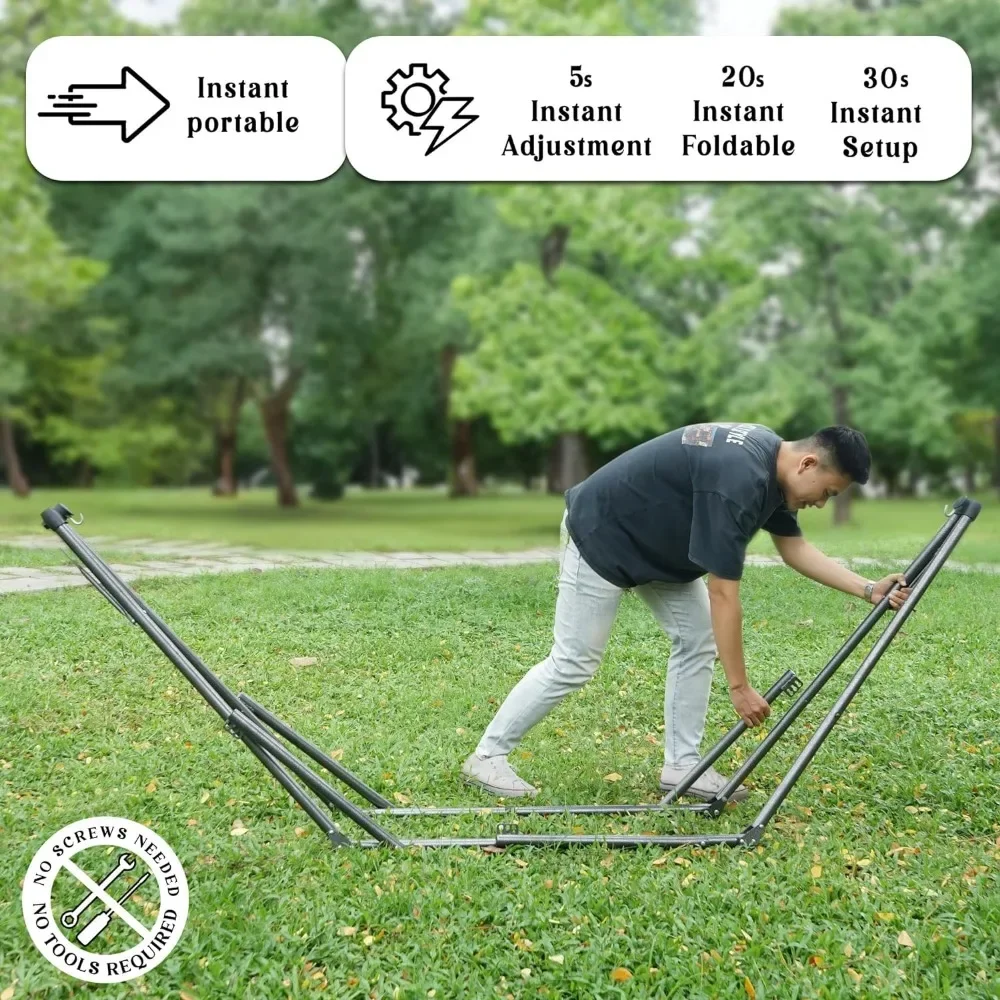 Foldable steel hammock with support stand for versatile mobility