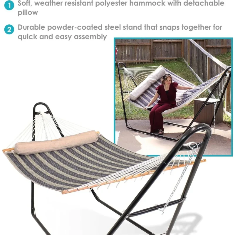 Double Quilted Polyester Hammock with Steel Stand - 450 lbs Capacity for Patio & Backyard - Image 2