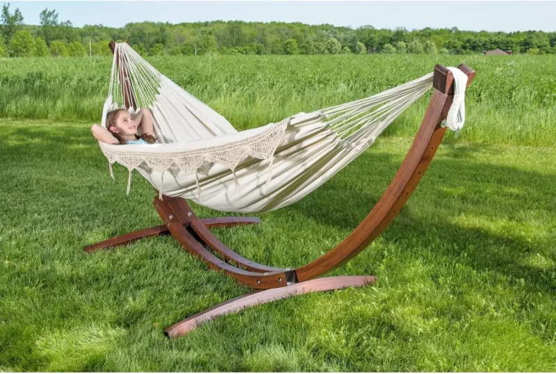 Double Cotton Fabric Hammock with Pine Arc Stand - 450 lbs Capacity for Backyard & Patio - Image 4