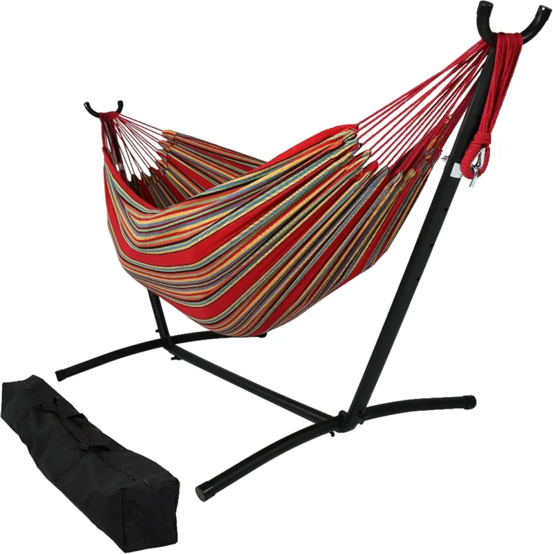 Double Cotton Hammock with Space-Saving Stand - 400 lbs Capacity for Patio & Backyard - Image 8