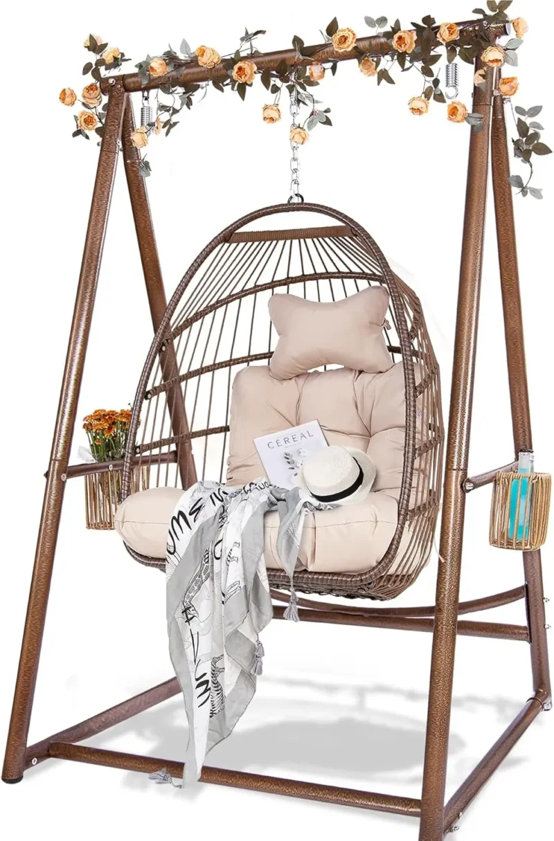 Rattan Egg Swing Chair with Stand & Cushion - 330 lbs Capacity for Patio & Garden - Image 8
