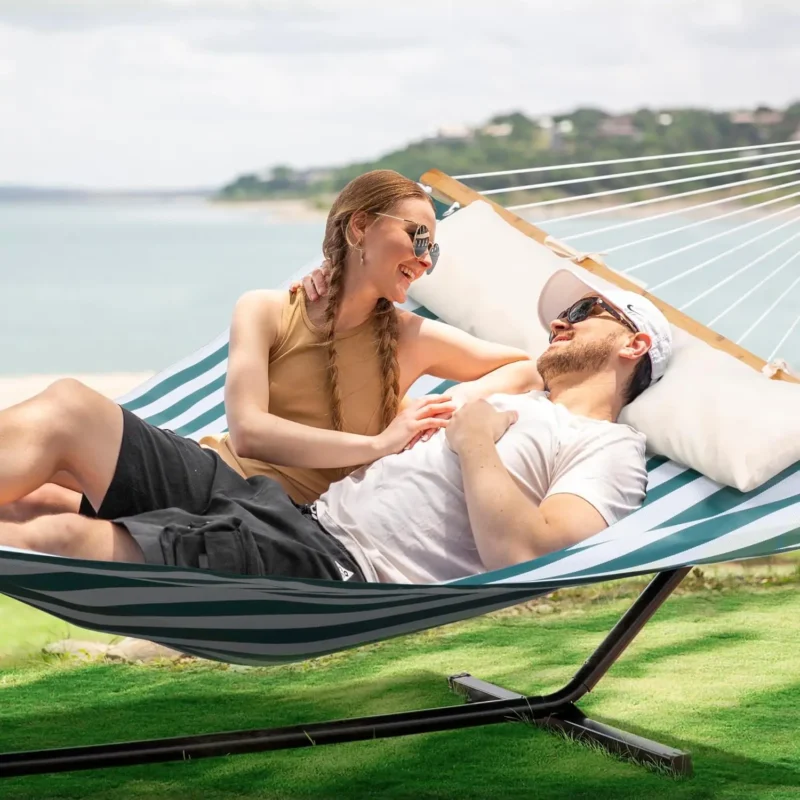 Double Textilene Hammock with Steel Stand - 450 lbs Capacity for Garden & Poolside