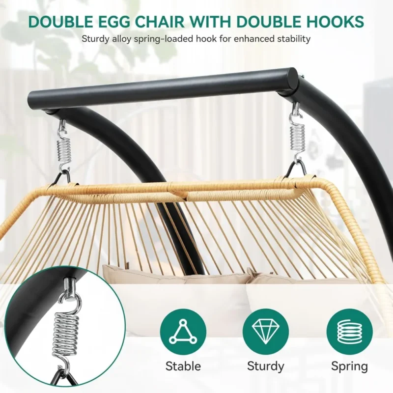 Double Wicker Hanging Egg Chair with Stand - 550 lbs Capacity for Patio & Bedroom - Image 5