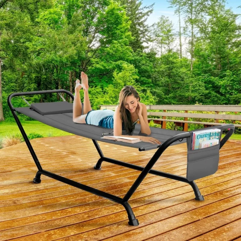 Double Cotton Hammock with Steel Stand - 500 lbs Capacity for Backyard & Patio - Image 2