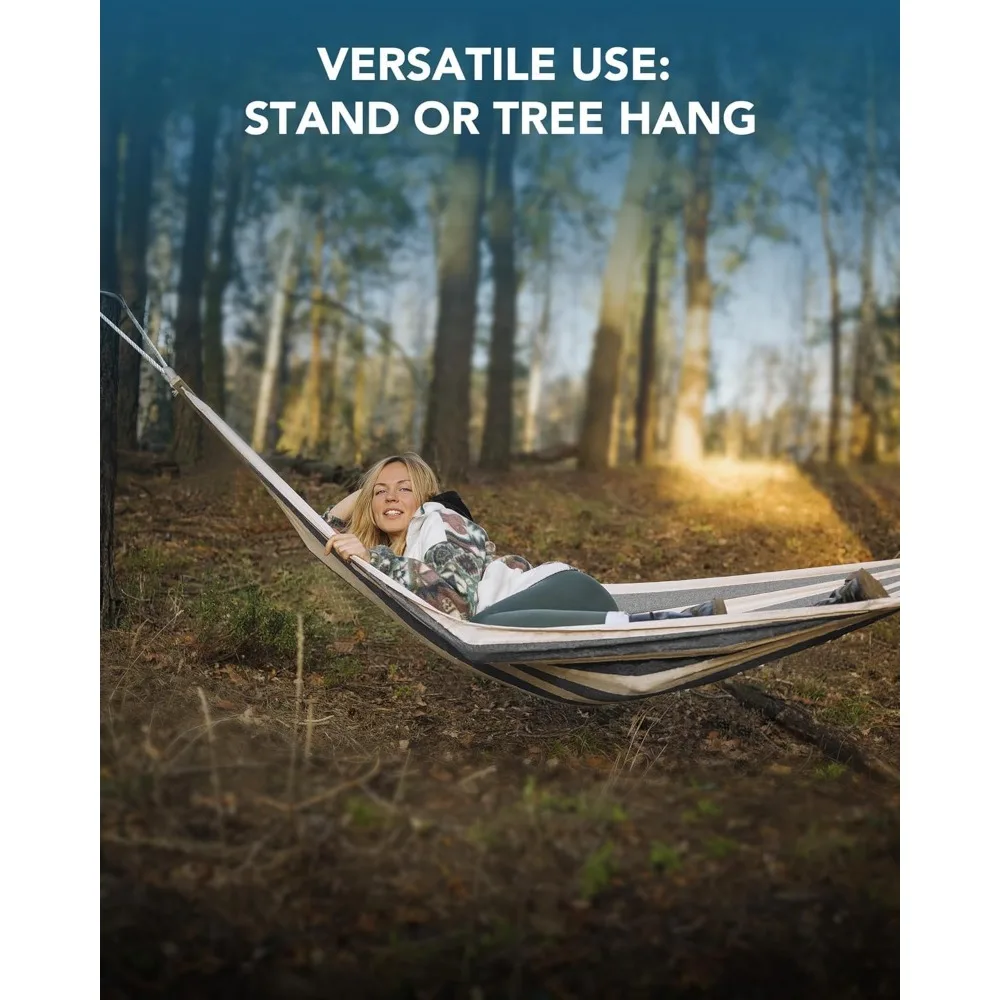 Double hammock with steel stand for versatile camping setups