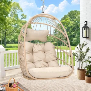 Foldable Rattan Egg Chair with Cushion - 300 lbs Capacity for Indoor & Outdoor