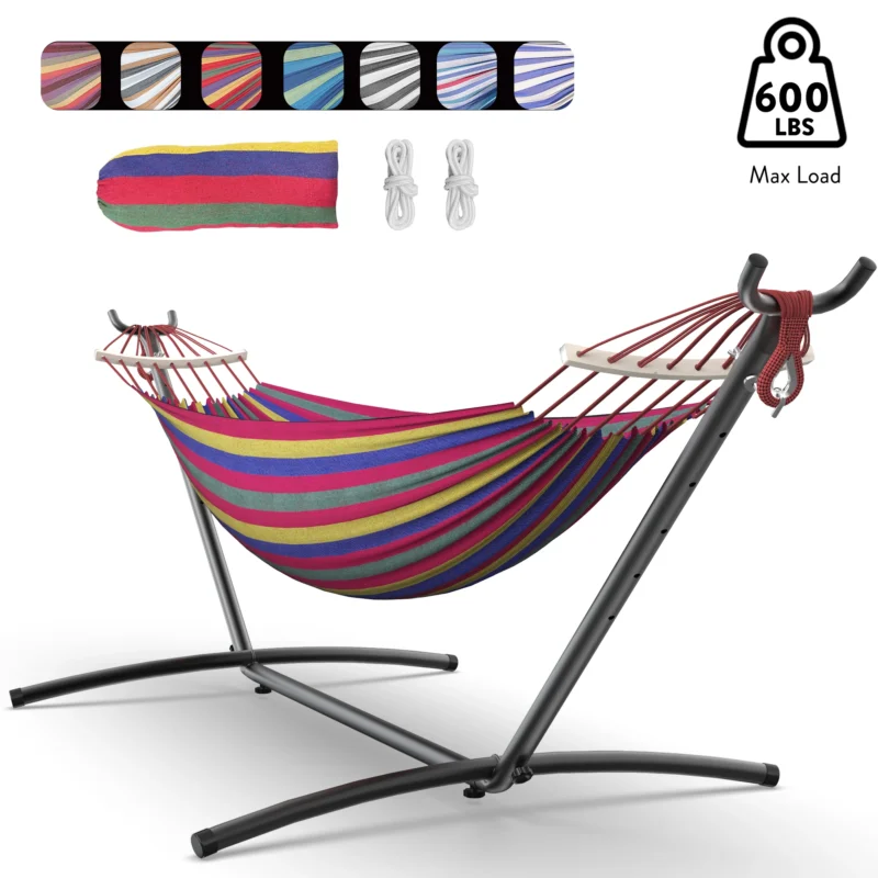 Double Fabric Hammock with Adjustable Stand - 600 lbs Capacity for Indoor & Outdoor Relaxation - Image 10