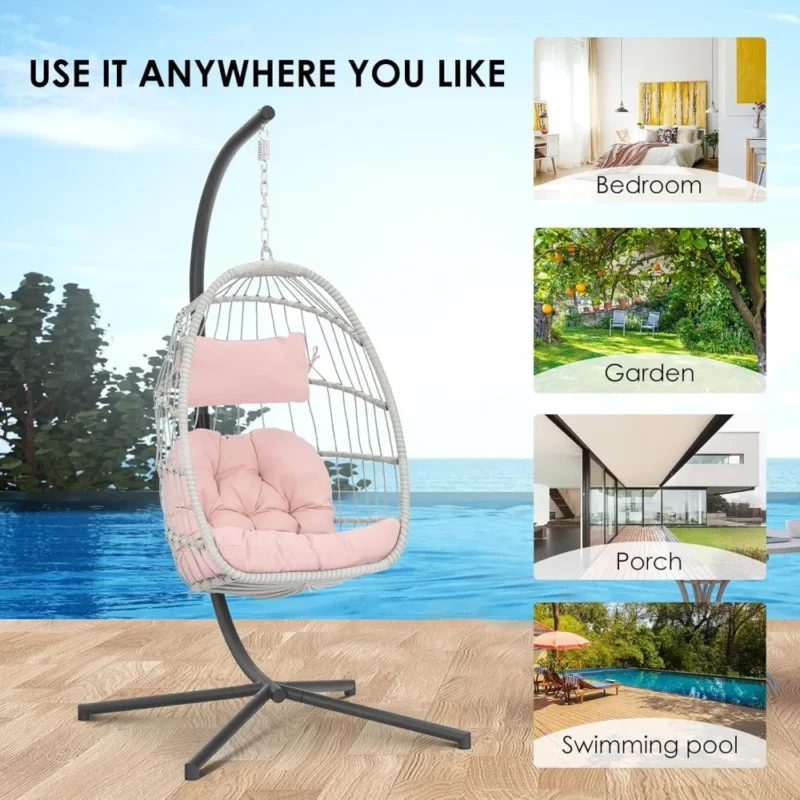 Pink Wicker Egg Chair with Stand - 350 lbs Capacity for Indoor & Outdoor Relaxation - Image 6