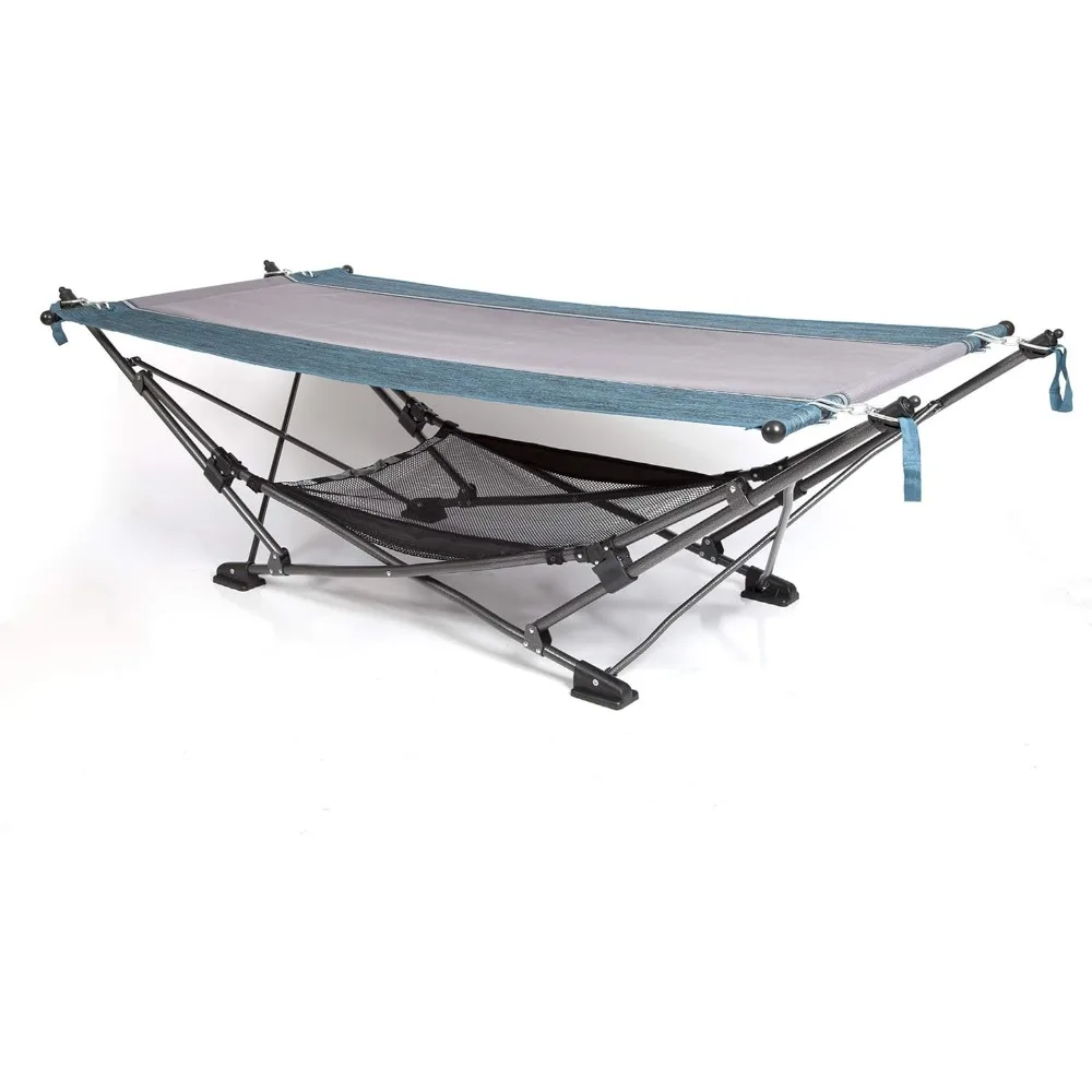 Portable folding hammock with canopy showing quick setup design for park relaxation
