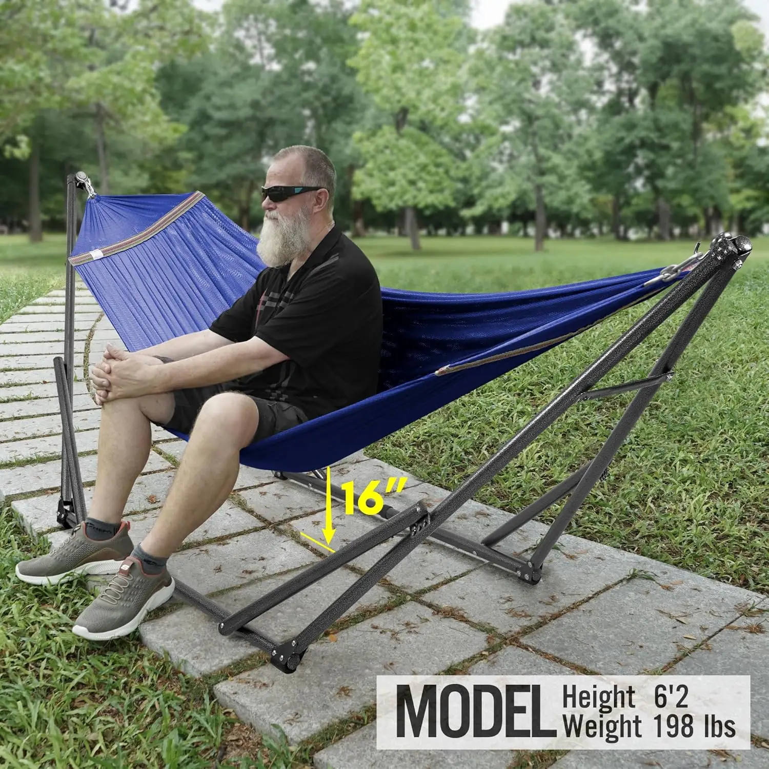 Perfect hammock depth assessment showing proper lounging angle