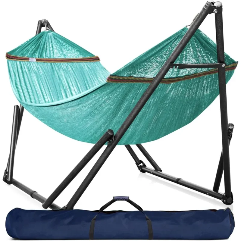 Double Fabric Hammock with Folding Steel Stand - 600 lbs Capacity for Indoor & Outdoor Relaxation