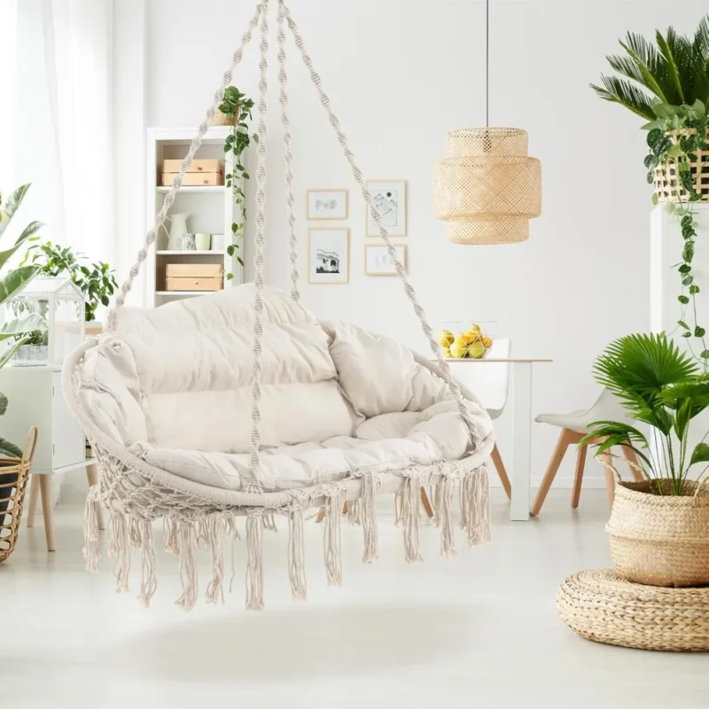 Double Macrame Hammock Swing with Cushions - 440 lbs Capacity for Indoor & Outdoor - Image 2