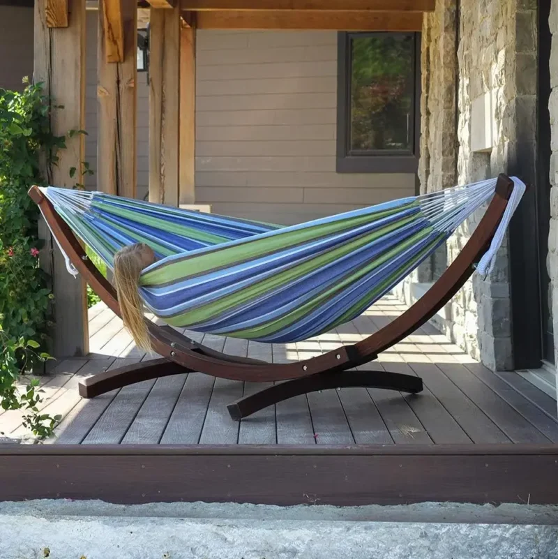 Double Cotton Hammock with Pine Arc Stand - 450 lbs Capacity for Backyard Relaxation - Image 2