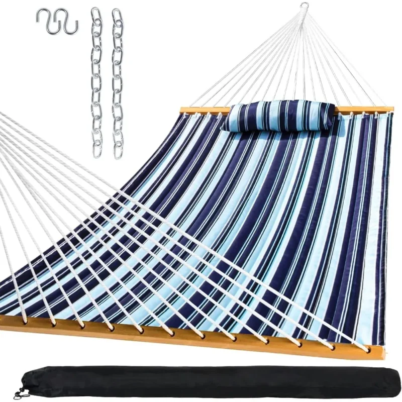 Two Person Quilted Fabric Hammock with Spreader Bars and Pillow - 450 lbs Capacity for Patio & Backyard - Image 2