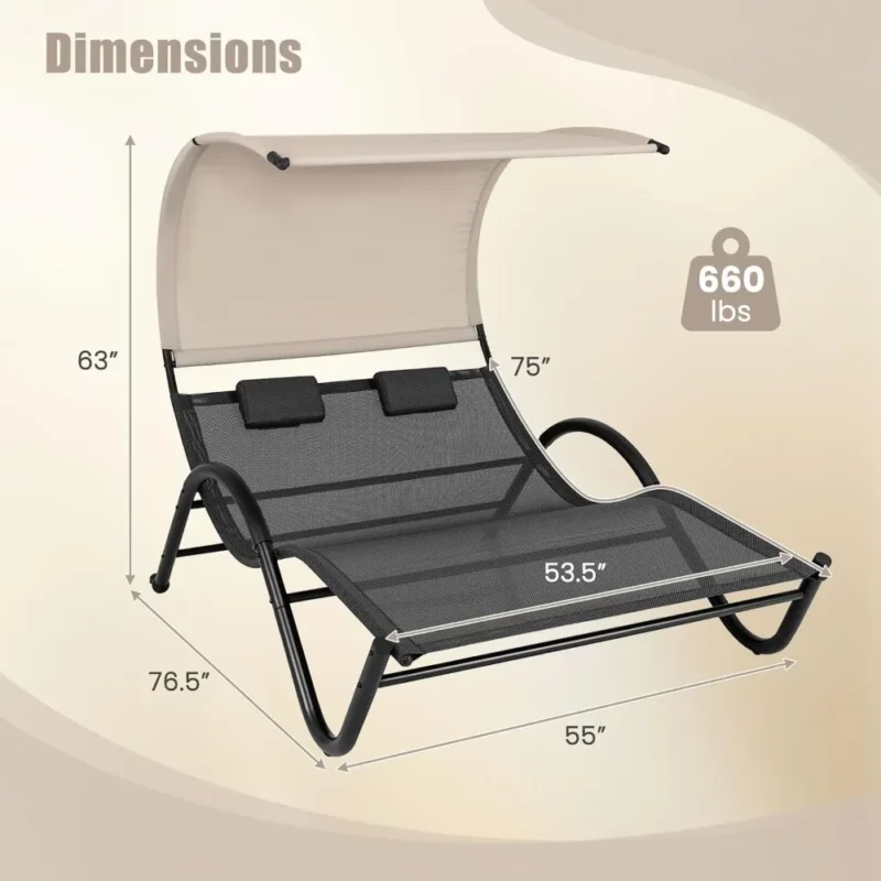 Double Outdoor Chaise Lounge with Canopy - 2-Person Patio Hammock with Detachable Pillows - Image 3