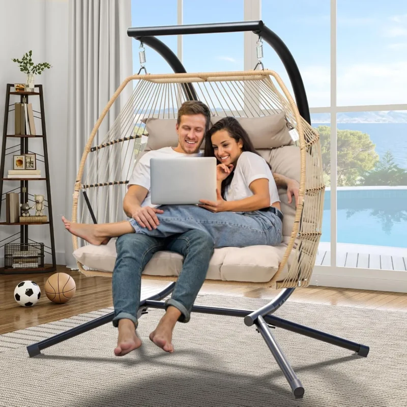Double Wicker Hanging Egg Chair with Stand - 550 lbs Capacity for Patio & Indoor Use - Image 8
