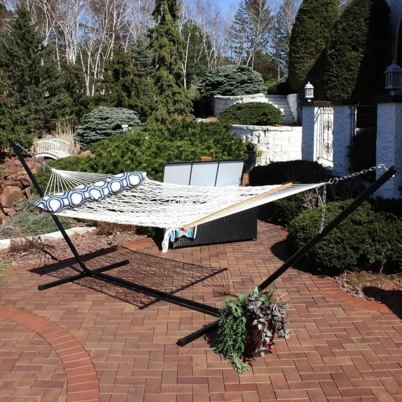 Double Polyester Rope Hammock with Steel Stand - 400 lbs Capacity for Backyard & Patio - Image 2