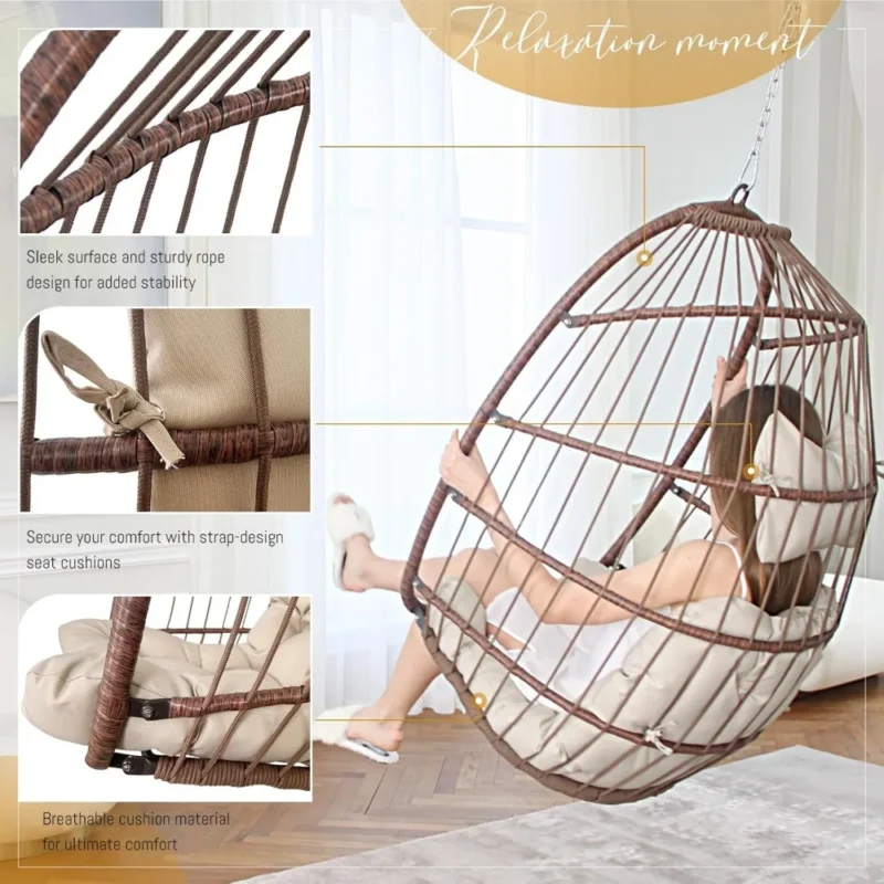 Hanging Egg Chair with UV Resistant PE Rattan - 330 lbs Capacity for Indoor & Outdoor Use - Image 3