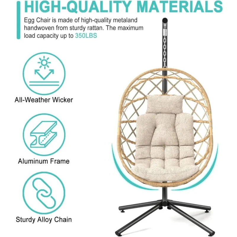 Wicker Egg Chair with Stand and Cushion - 350 lbs Capacity for Indoor & Outdoor Patio - Image 4