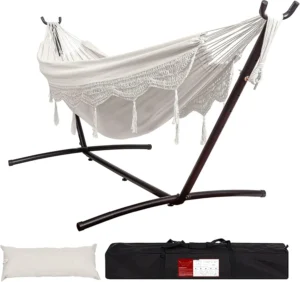 Double Fabric Hammock with Steel Stand - 450 lbs Capacity for Backyard & Camping