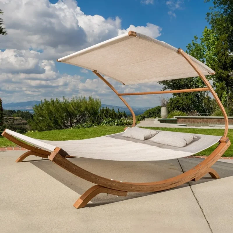 Teak Outdoor Daybed Hammock with Adjustable Canopy - 300 lbs Capacity for Patio & Yard - Image 3