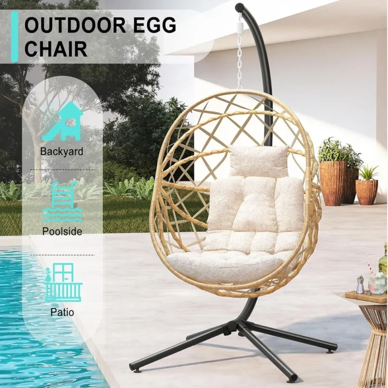 Wicker Egg Chair with Stand and Cushion - 350 lbs Capacity for Indoor & Outdoor Patio - Image 5