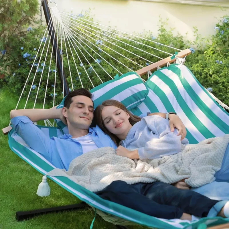 Double Cotton Rope Hammock with Stand - 450 lbs Capacity for Backyard & Patio - Image 5