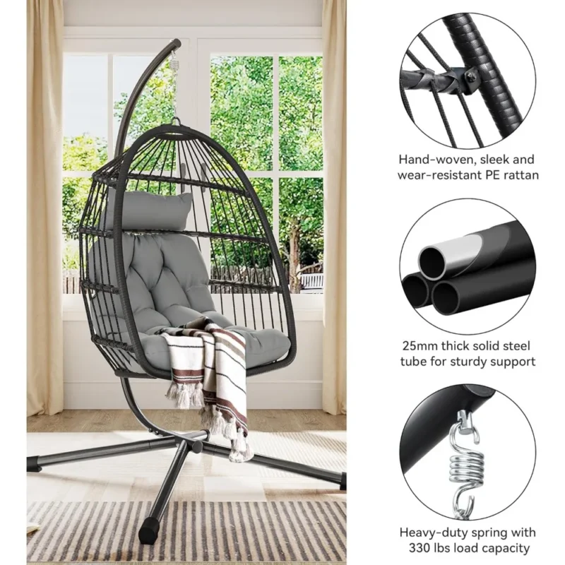 Wicker Egg Chair with Stand & Cushions - 330 lbs Capacity for Indoor & Outdoor Relaxation - Image 3