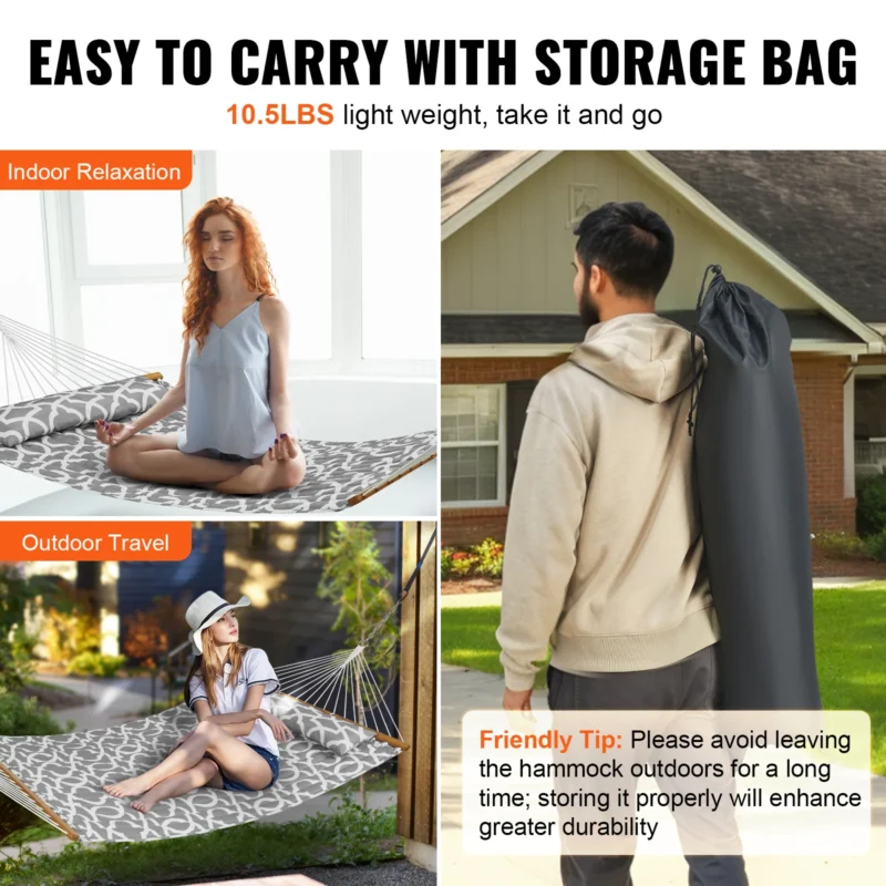 Double 12FT Fabric Hammock with Detachable Pillow - 480 lbs Capacity for Outdoor Relaxation - Image 6