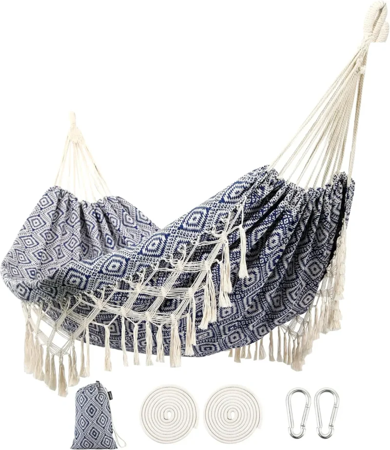 Double Brazilian Fabric Hammock with Tassels - 450 lbs Capacity for Indoor & Outdoor Use - Image 9