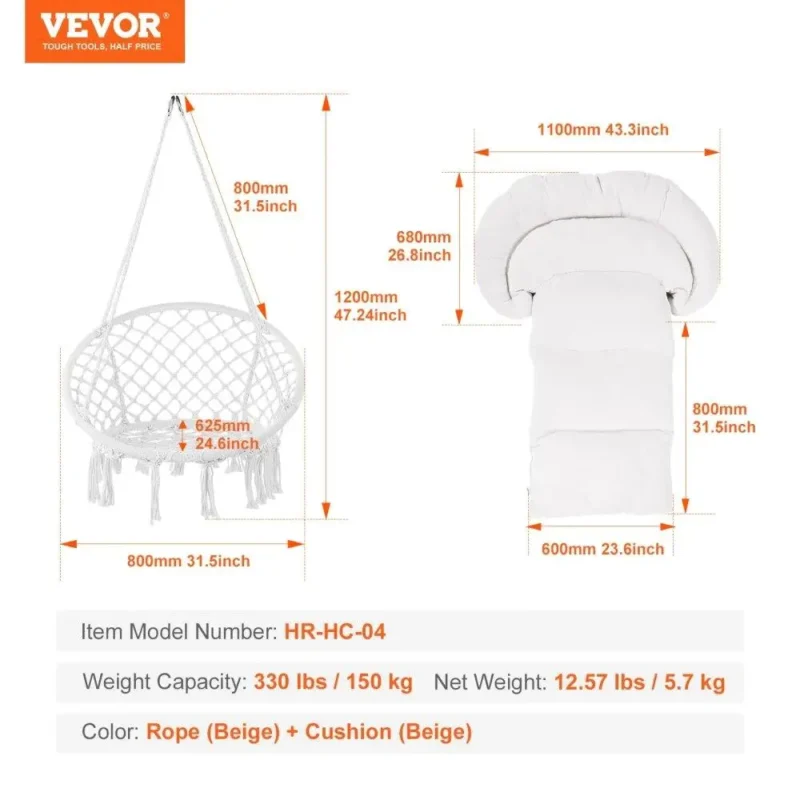 Macrame Hanging Chair with Cushioned Seat - 265 lbs Capacity for Indoor & Outdoor Use - Image 2