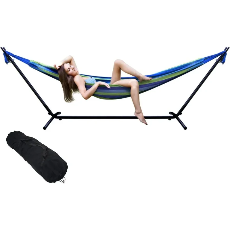 Double Cotton Blend Hammock with Steel Stand - 450 lbs Capacity for Indoor & Outdoor Use - Image 5
