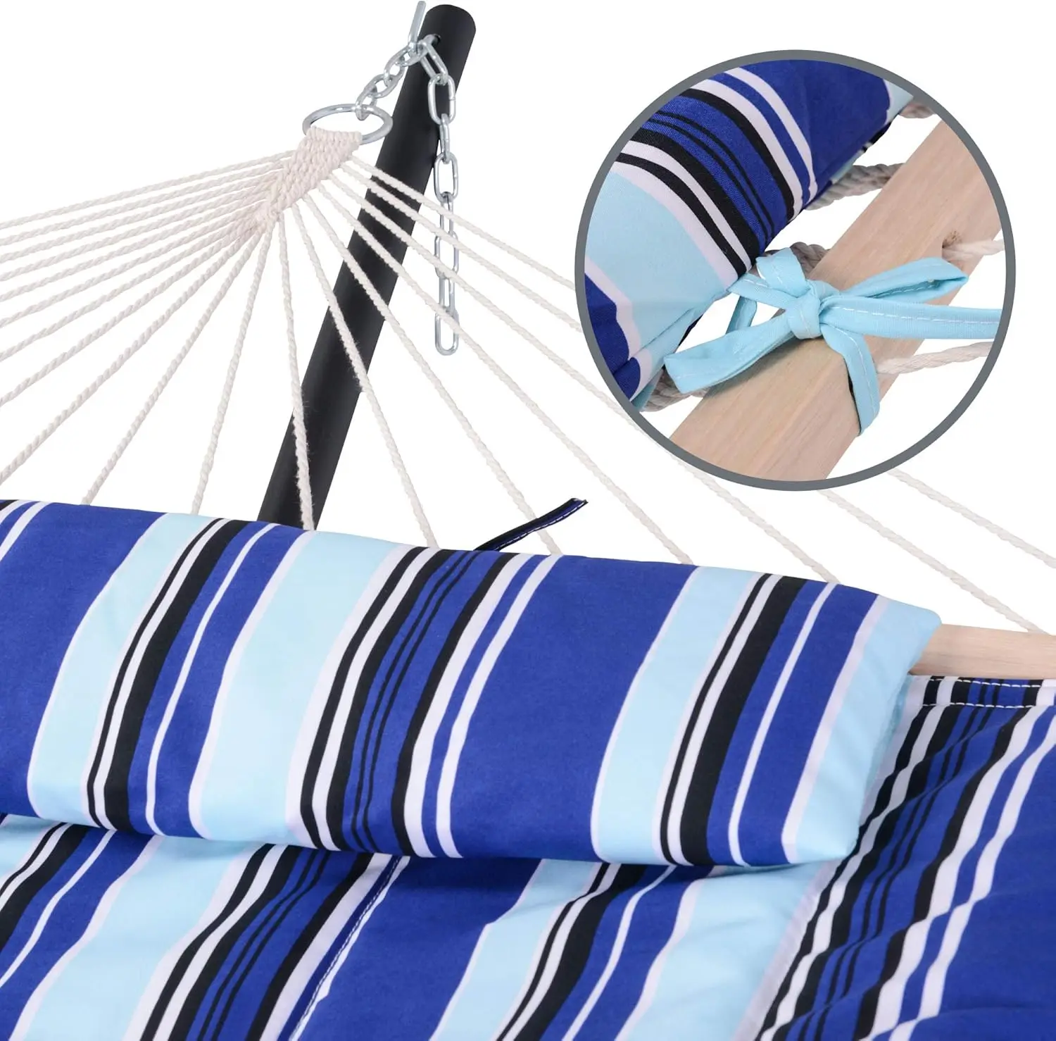 Different hammock material types showing rope construction and weight capacity