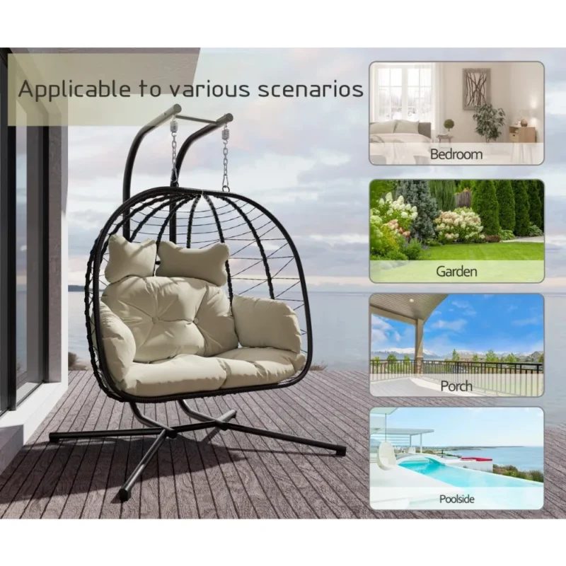 Double Wicker Egg Chair Hammock with Stand - 700 lbs Capacity for Patio & Garden - Image 5