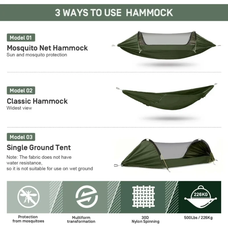3-in-1 Portable Hammock with Mosquito Net - 250 lbs Capacity for Camping & Travel - Image 2